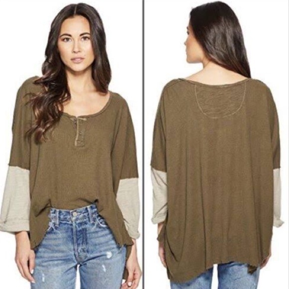 We the Free Linen Moss Green Star Henley Distressed Sweatshirt Sz M Shabby Chic - Picture 3 of 9